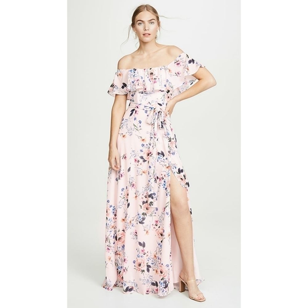 Yumi Kim Carmen Floral Off Shoulder Maxi Dress Evening Bliss Blush Pink sz S NEW